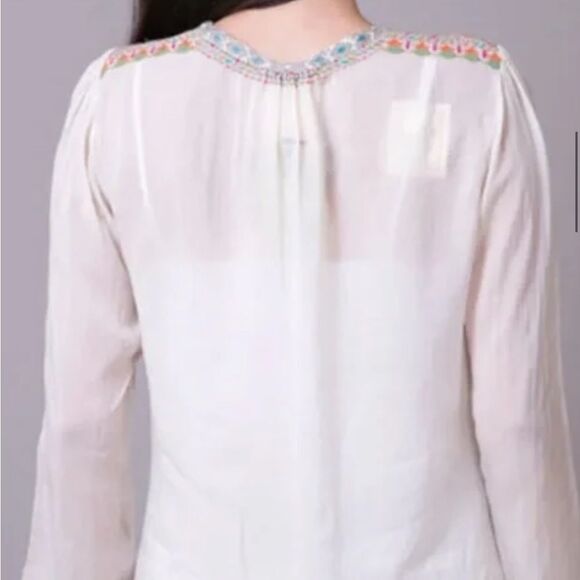 Johnny Was Peacock Sable Embroidered White Blouse with Floral Accents - Picture 3 of 9